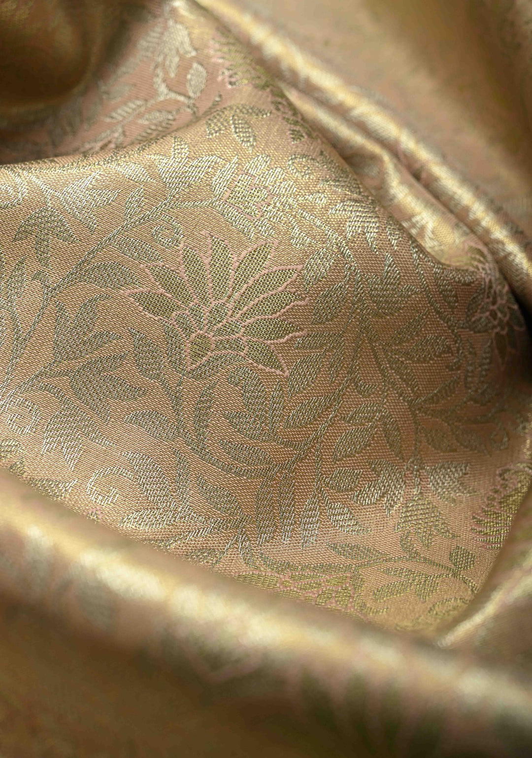 Light Peach Kanjivaram Tissue Semi Silk Saree with Meenakari Floral Brocade Jaal and Contrast Wide Zari Border