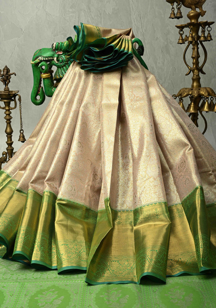 Light Peach Kanjivaram Tissue Semi Silk Saree with Meenakari Floral Brocade Jaal and Contrast Wide Zari Border