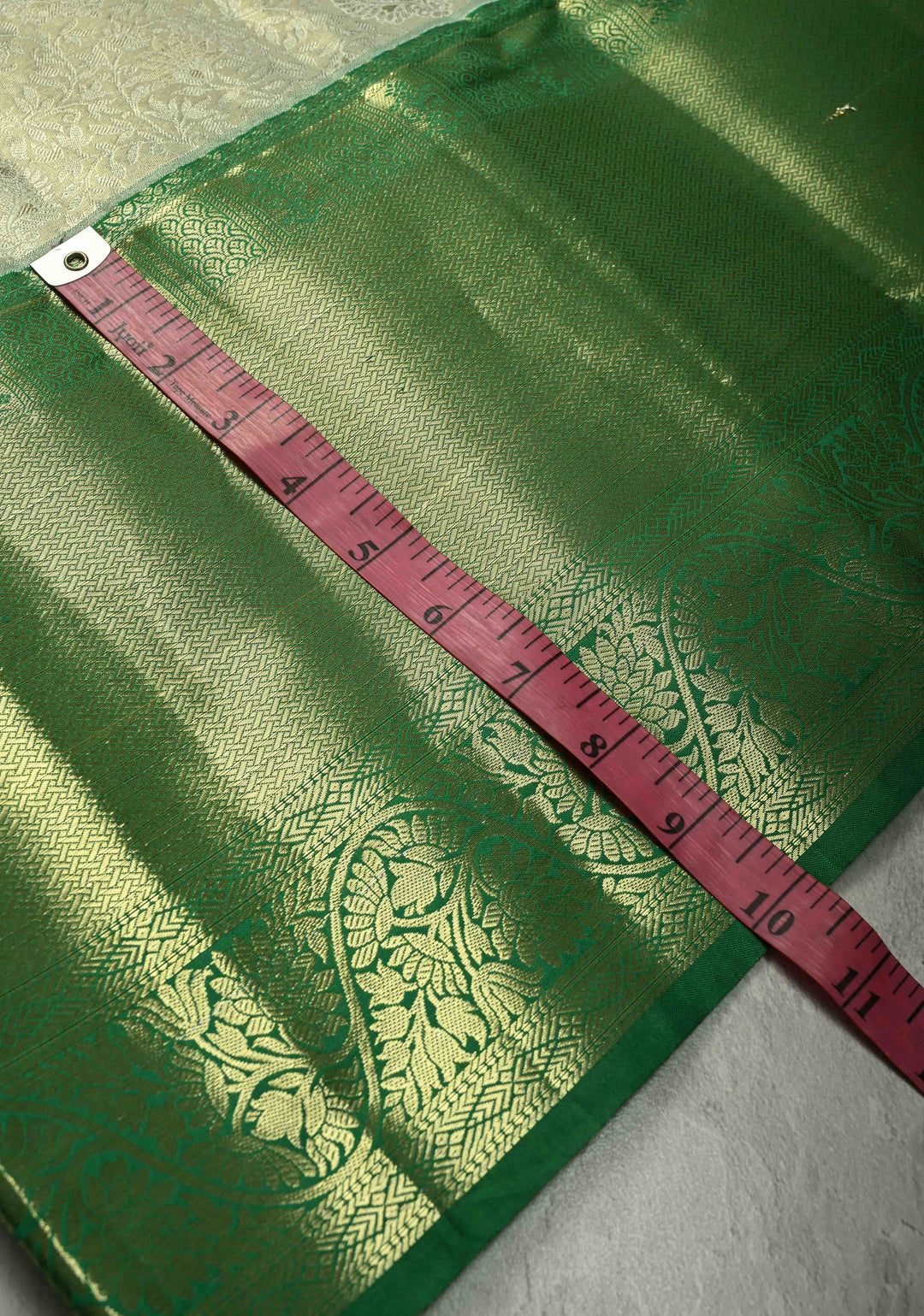 Sage Green Kanjivaram Tissue Semi Silk Saree with Floral Brocade Jaal and Contrast Wide Zari Border