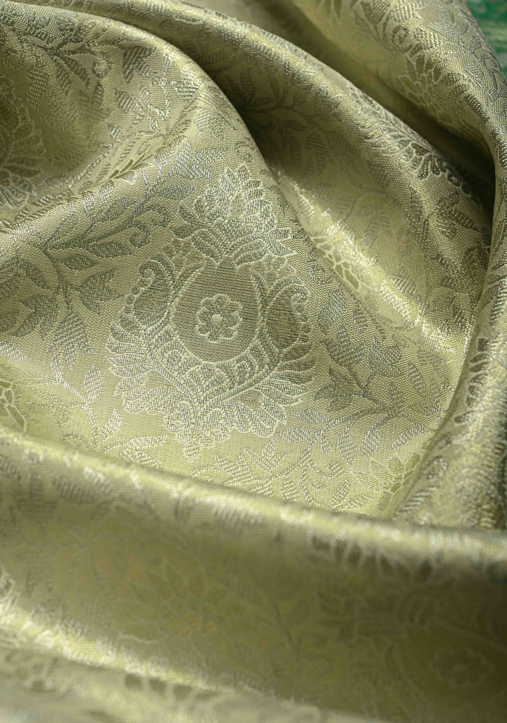 Sage Green Kanjivaram Tissue Semi Silk Saree with Floral Brocade Jaal and Contrast Wide Zari Border
