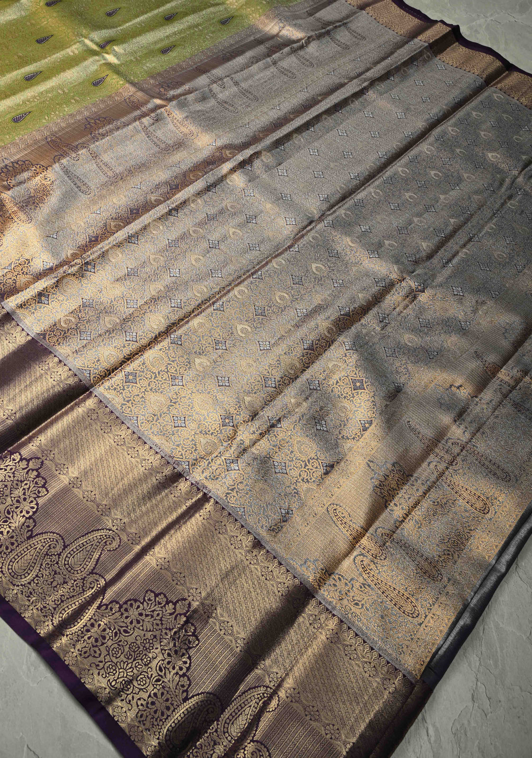 Apple Green Kanjivaram Tissue Semi Silk Saree with Meenakari Floral Brocade Jaal and Contrast Wide Zari Border
