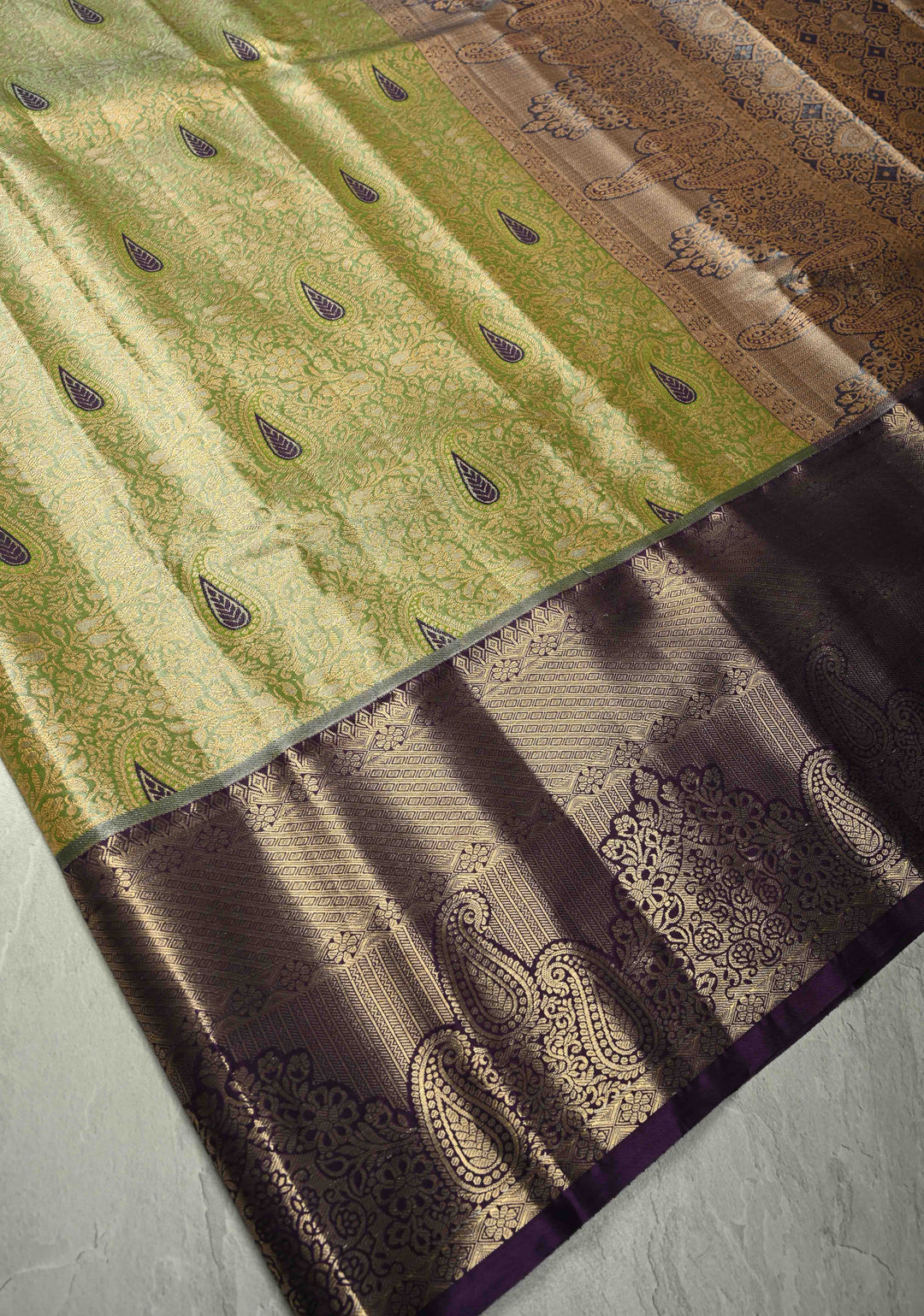 Apple Green Kanjivaram Tissue Semi Silk Saree with Meenakari Floral Brocade Jaal and Contrast Wide Zari Border
