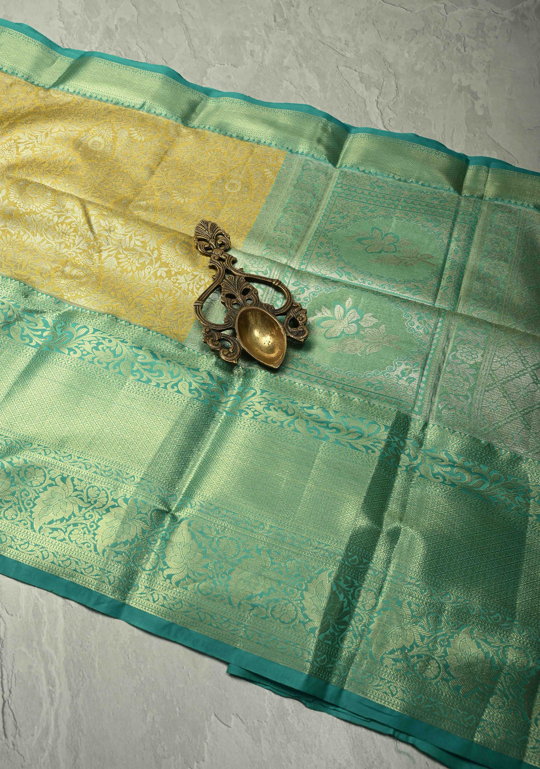 Exquisite Yellow Kanjivaram Tissue Semi Silk Saree with Floral Brocade Jaal and Contrast Wide Zari Border
