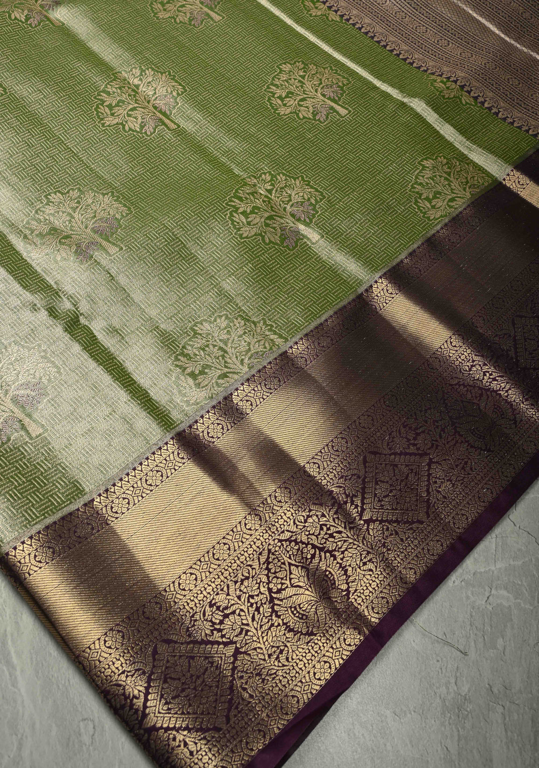Apple Green Meenakari Tree Butta Kanjivaram Tissue Semi Silk Saree with Geometric Brocade and Contrast Wide Zari Border
