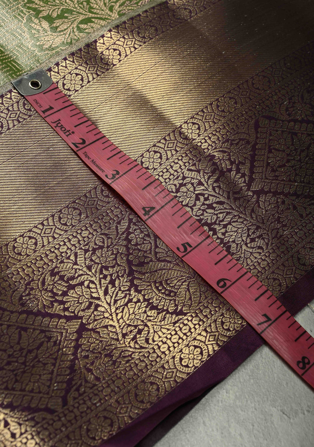 Apple Green Meenakari Tree Butta Kanjivaram Tissue Semi Silk Saree with Geometric Brocade and Contrast Wide Zari Border