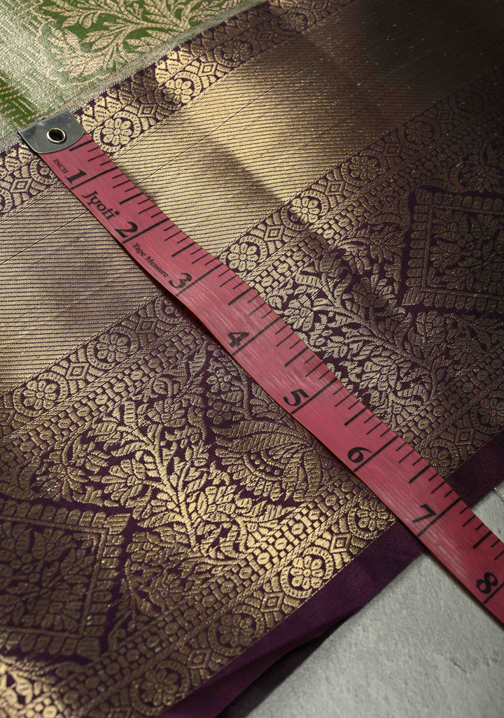 Apple Green Meenakari Tree Butta Kanjivaram Tissue Semi Silk Saree with Geometric Brocade and Contrast Wide Zari Border