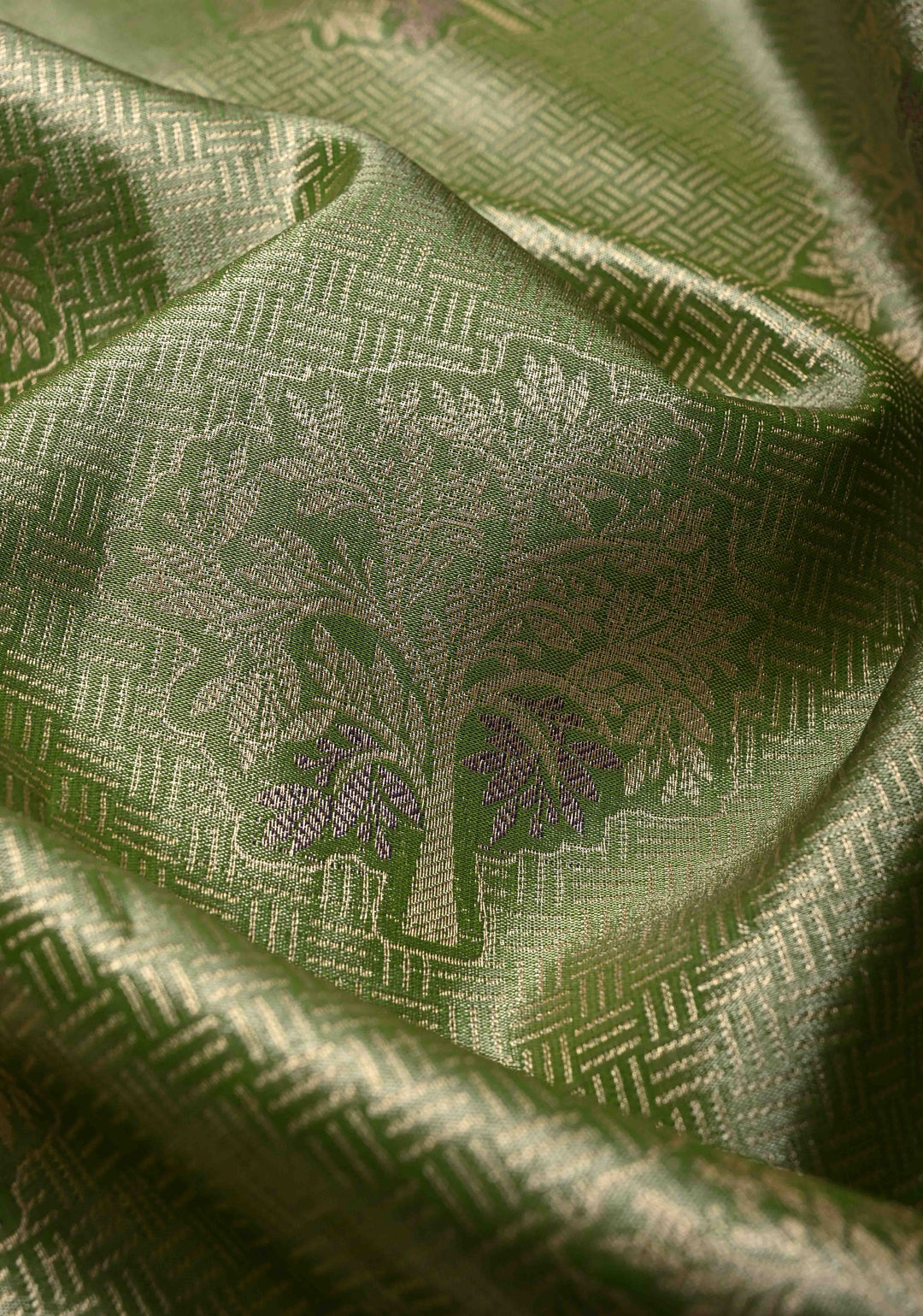 Apple Green Meenakari Tree Butta Kanjivaram Tissue Semi Silk Saree with Geometric Brocade and Contrast Wide Zari Border