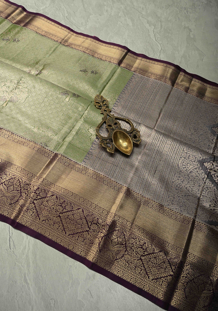 Apple Green Meenakari Tree Butta Kanjivaram Tissue Semi Silk Saree with Geometric Brocade and Contrast Wide Zari Border