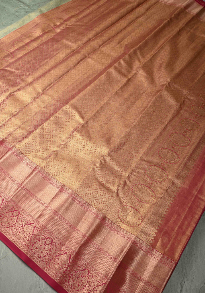 Light Sage Green Kanjivaram Tissue Semi Silk Saree with Meenakari Floral Brocade Jaal and Contrast Wide Zari Border