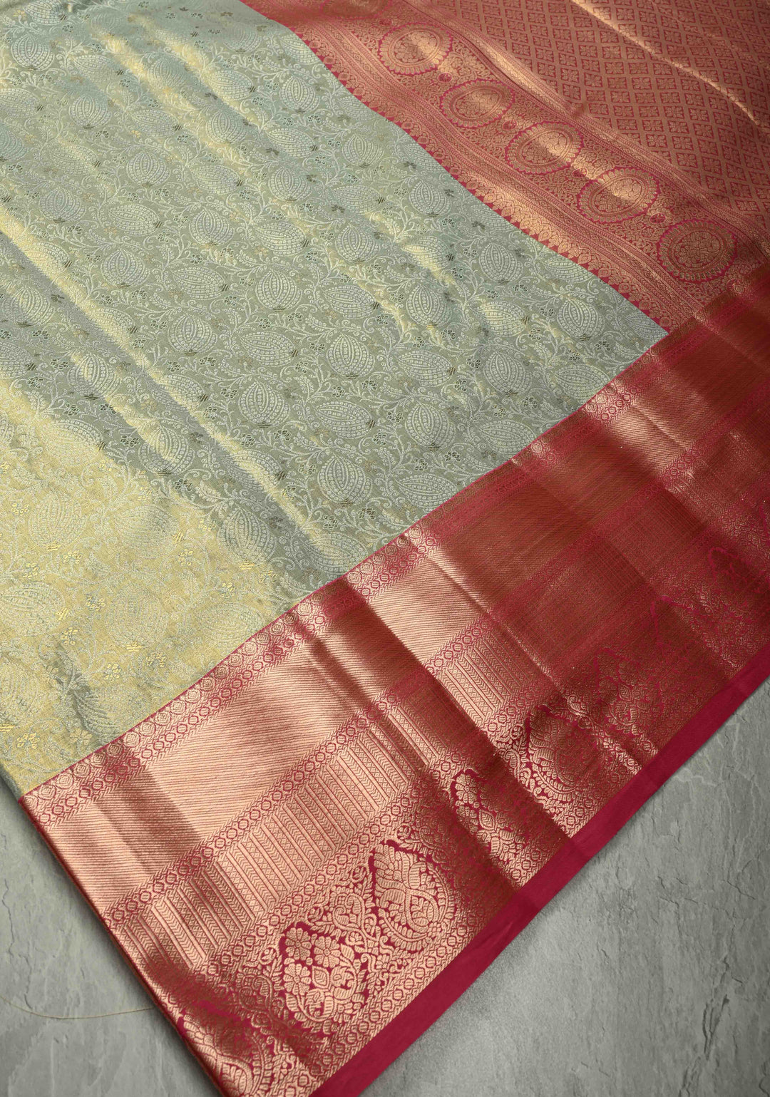 Light Sage Green Kanjivaram Tissue Semi Silk Saree with Meenakari Floral Brocade Jaal and Contrast Wide Zari Border