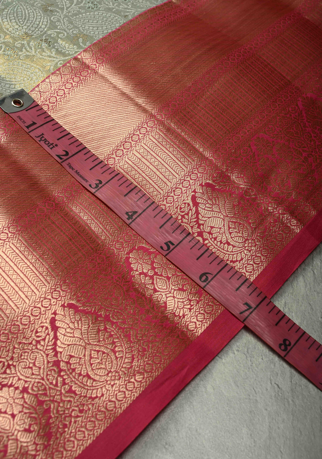 Light Sage Green Kanjivaram Tissue Semi Silk Saree with Meenakari Floral Brocade Jaal and Contrast Wide Zari Border
