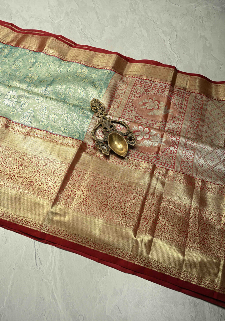 Sea Green Kanjivaram Tissue Semi Silk Saree with Meenakari Floral Brocade Jaal and Contrast Wide Zari Border