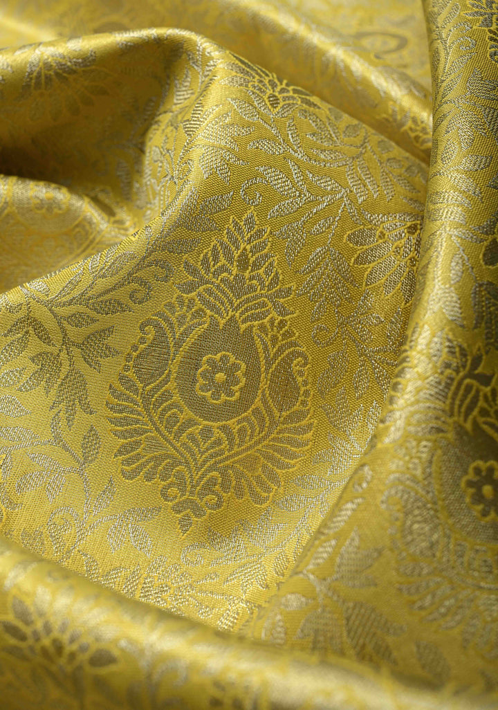 Butter Yellow Kanjivaram Tissue Semi Silk Saree with Meenakari Floral Brocade Jaal and Blue Zari Border