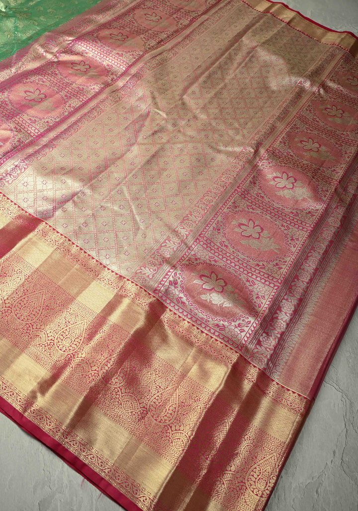 Vibrant Green  Kanjivaram Tissue Semi Silk Saree with Meenakari Floral Brocade Jaal and Contrast Wide Zari Border