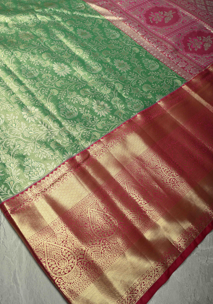 Vibrant Green  Kanjivaram Tissue Semi Silk Saree with Meenakari Floral Brocade Jaal and Contrast Wide Zari Border
