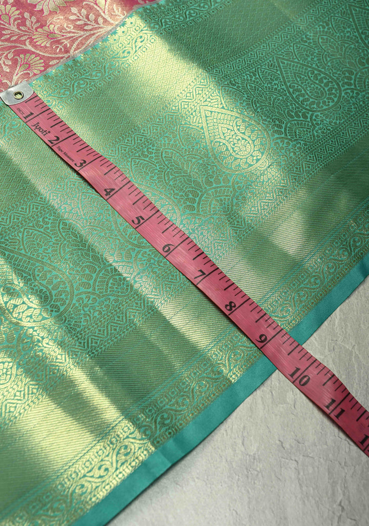 Coral Pink Kanjivaram Tissue Semi Silk Saree with Meenakari Floral Brocade Jaal and Contrast Wide Zari Border