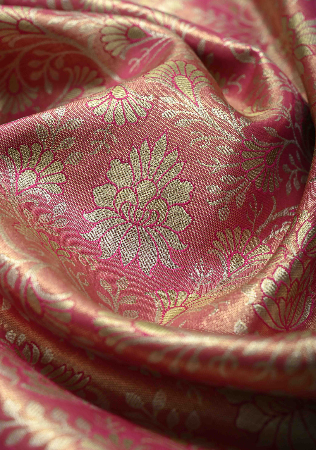 Coral Pink Kanjivaram Tissue Semi Silk Saree with Meenakari Floral Brocade Jaal and Contrast Wide Zari Border