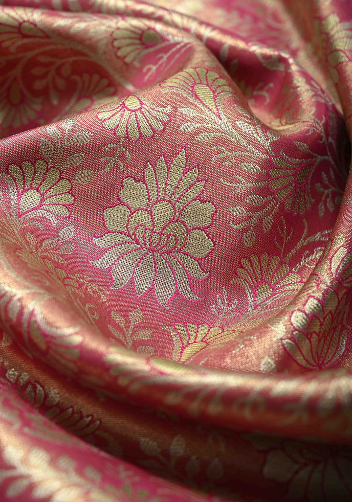 Coral Pink Kanjivaram Tissue Semi Silk Saree with Meenakari Floral Brocade Jaal and Contrast Wide Zari Border
