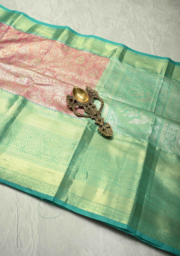 Coral Pink Kanjivaram Tissue Semi Silk Saree with Meenakari Floral Brocade Jaal and Contrast Wide Zari Border