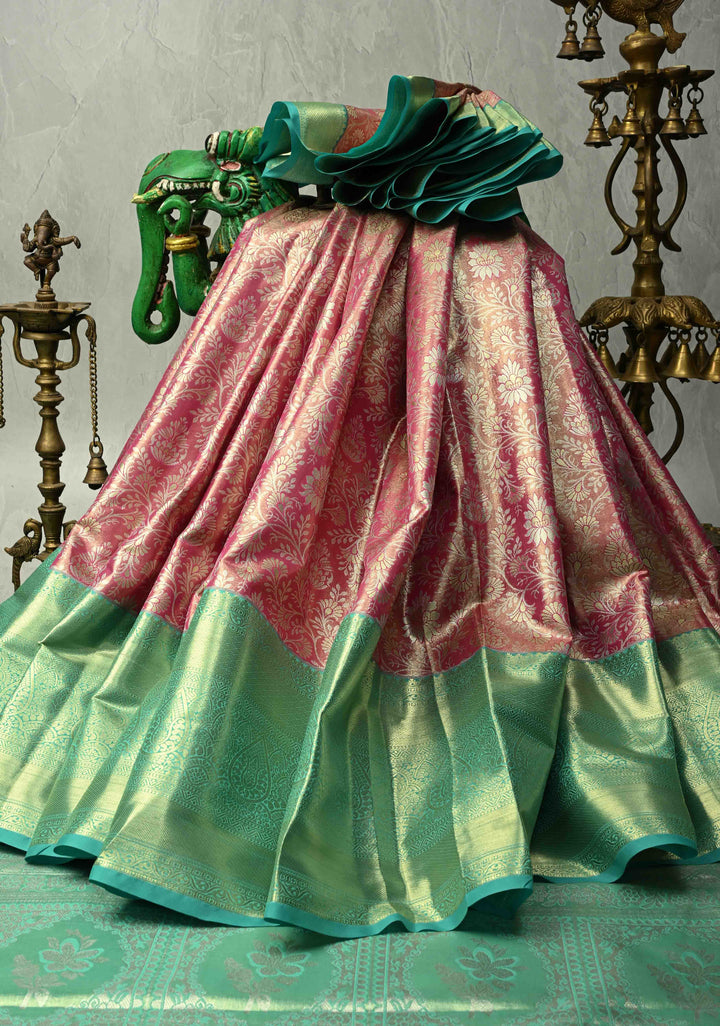 Coral Pink Kanjivaram Tissue Semi Silk Saree with Meenakari Floral Brocade Jaal and Contrast Wide Zari Border