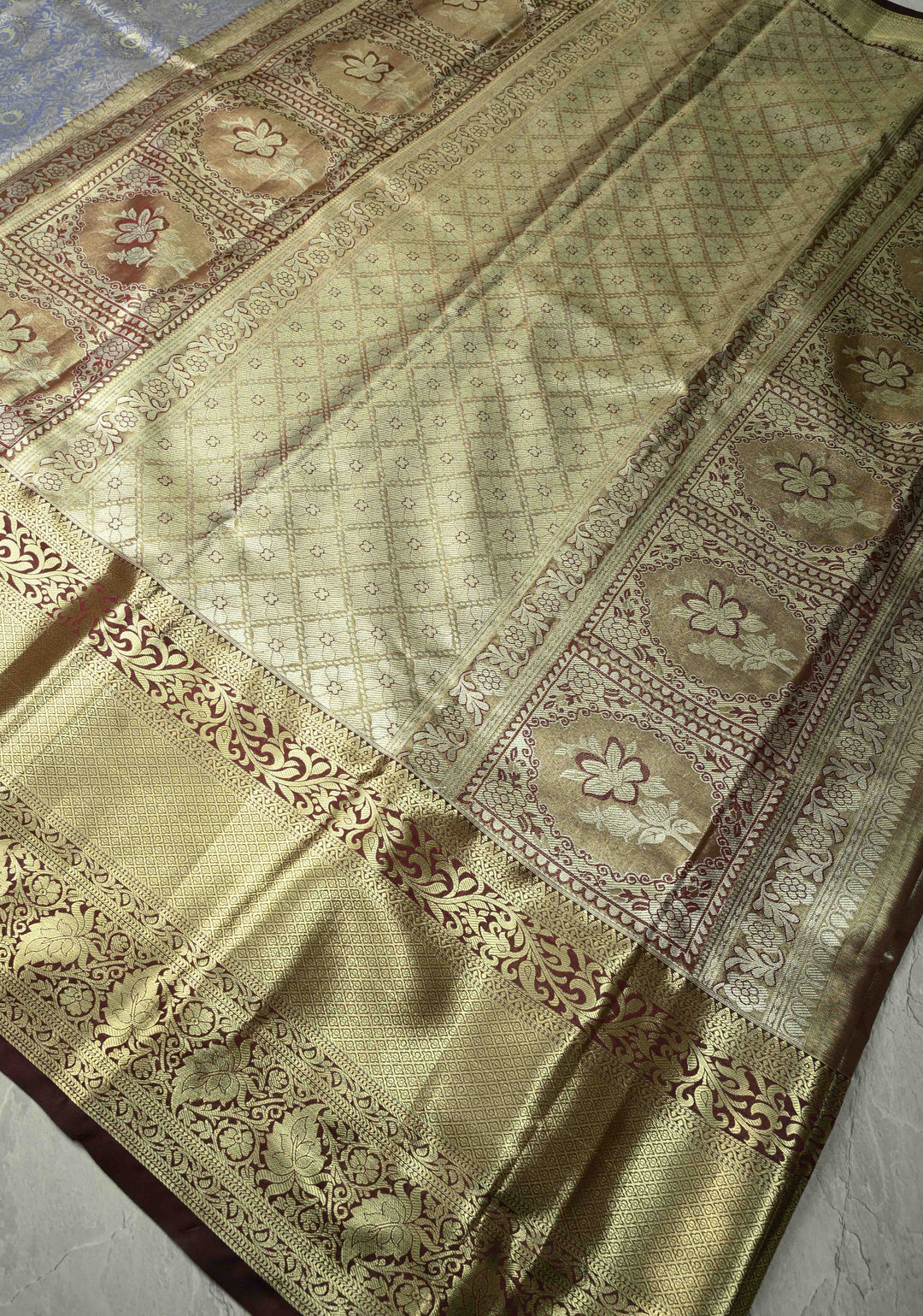 Amethyst Kanjivaram Tissue Semi Silk Saree with Meenakari Floral Brocade Jaal and Contrast Wide Zari Border