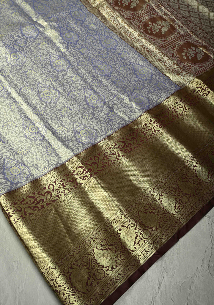Amethyst Kanjivaram Tissue Semi Silk Saree with Meenakari Floral Brocade Jaal and Contrast Wide Zari Border