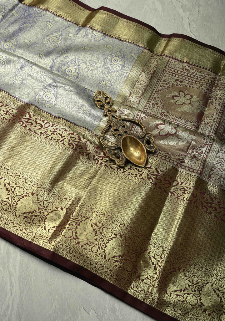 Amethyst Kanjivaram Tissue Semi Silk Saree with Meenakari Floral Brocade Jaal and Contrast Wide Zari Border