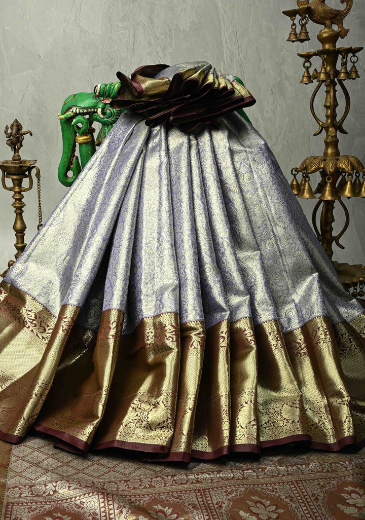 Amethyst Kanjivaram Tissue Semi Silk Saree with Meenakari Floral Brocade Jaal and Contrast Wide Zari Border