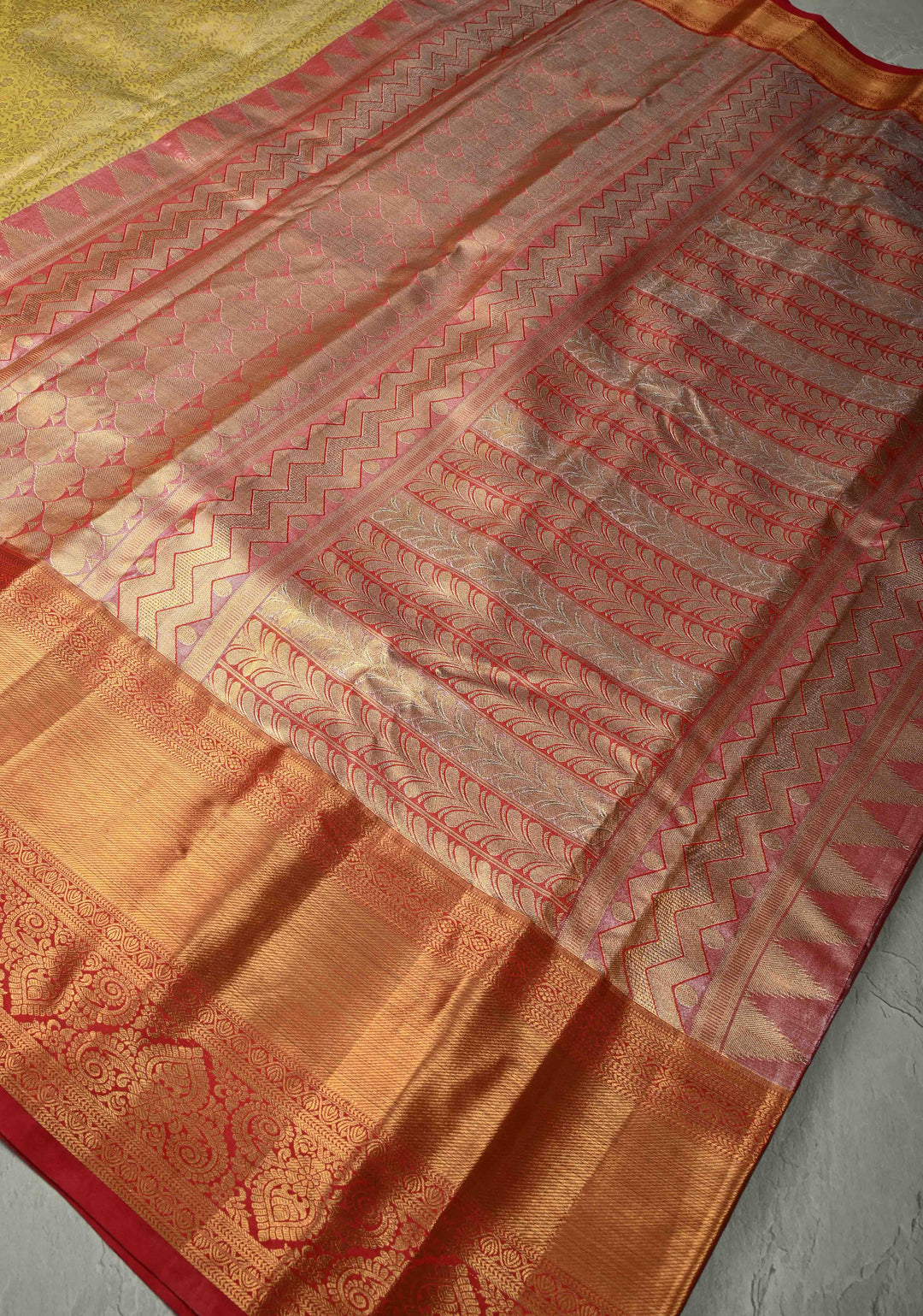 Lemon Yellow Kanjivaram Tissue Semi Silk Saree with Meenakari Floral Brocade Jaal and Contrast Wide Zari Border