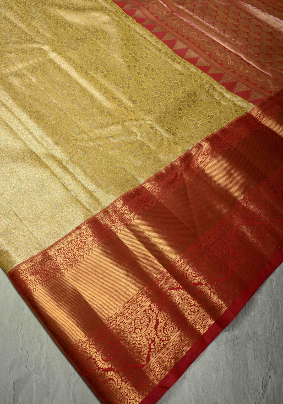 Lemon Yellow Kanjivaram Tissue Semi Silk Saree with Meenakari Floral Brocade Jaal and Contrast Wide Zari Border