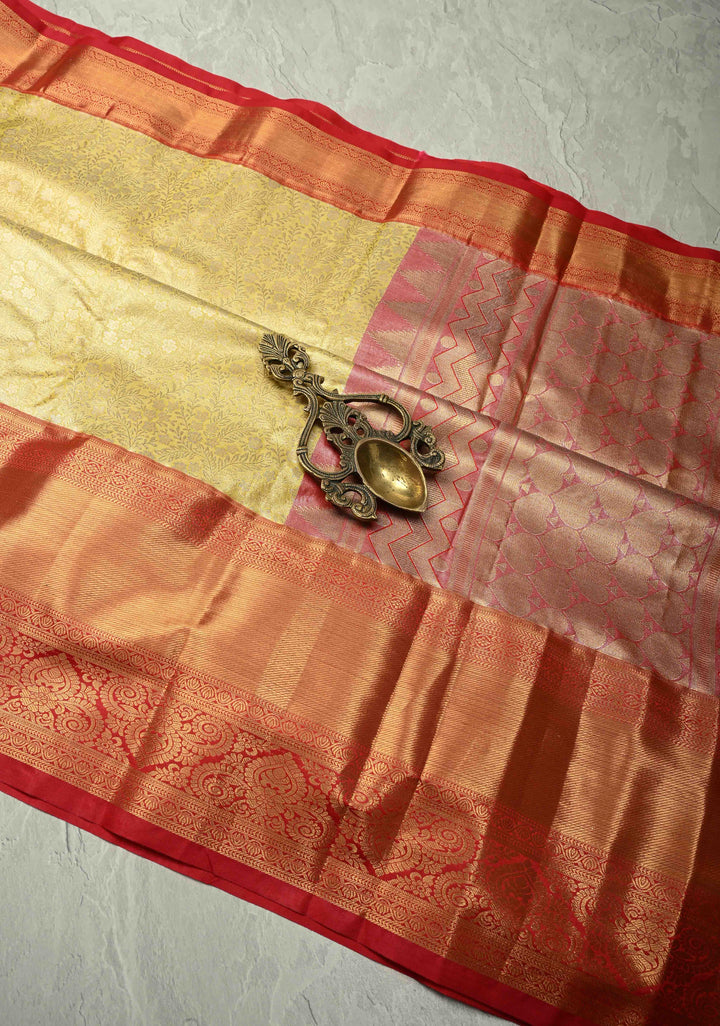 Lemon Yellow Kanjivaram Tissue Semi Silk Saree with Meenakari Floral Brocade Jaal and Contrast Wide Zari Border