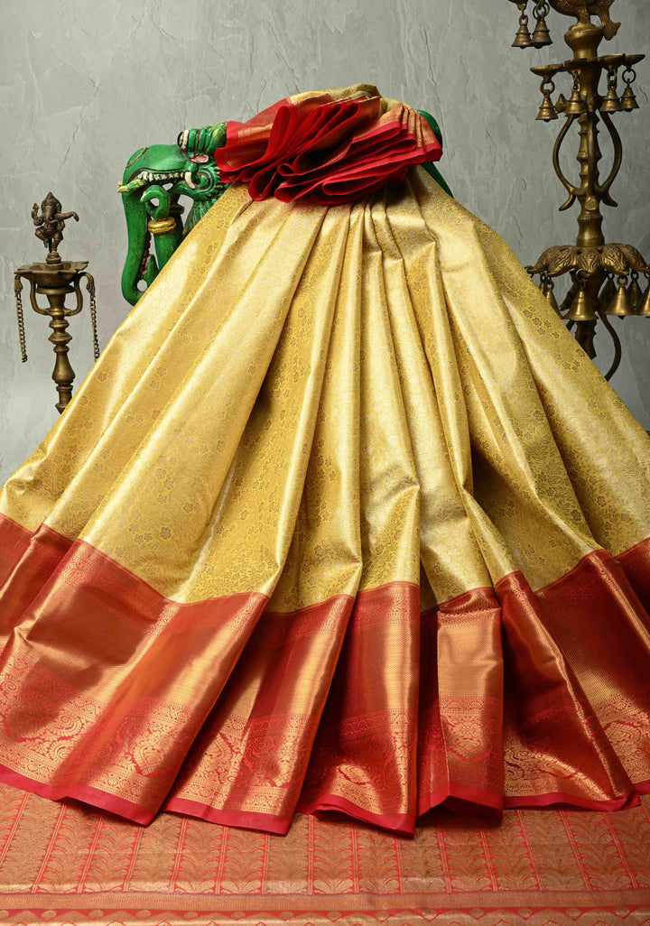 Lemon Yellow Kanjivaram Tissue Semi Silk Saree with Meenakari Floral Brocade Jaal and Contrast Wide Zari Border