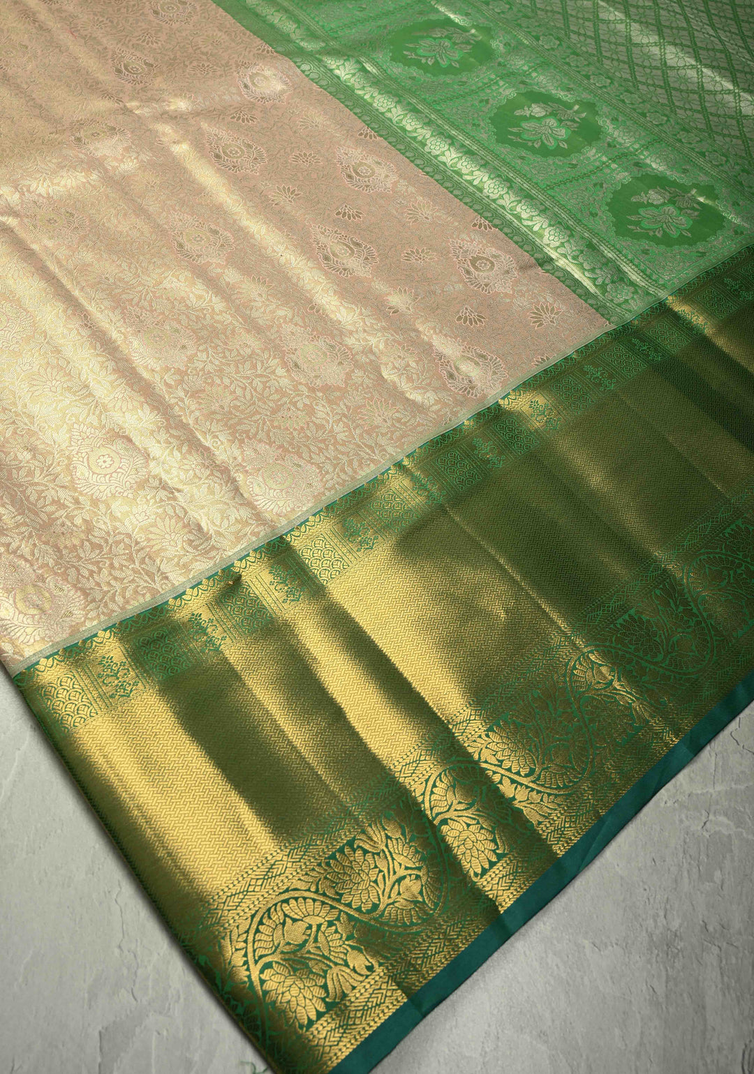 Light Peach Kanjivaram Tissue Semi Silk Saree with Meenakari Floral Brocade Jaal and Contrast Wide Zari Border