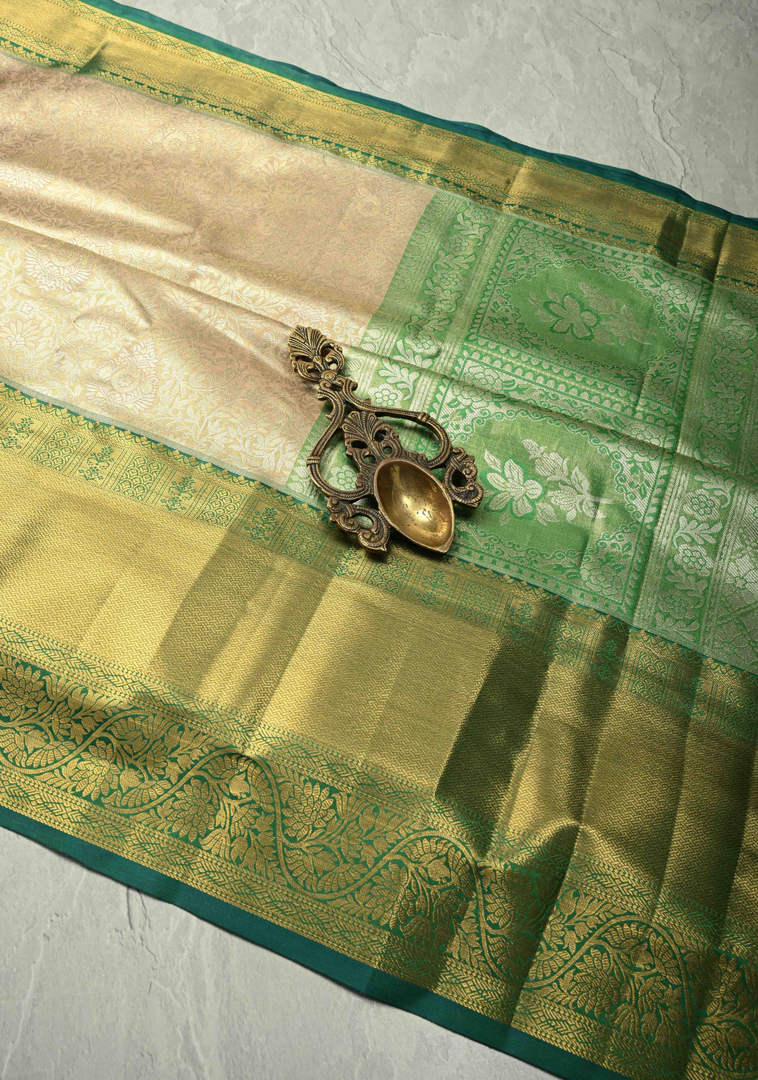 Light Peach Kanjivaram Tissue Semi Silk Saree with Meenakari Floral Brocade Jaal and Contrast Wide Zari Border