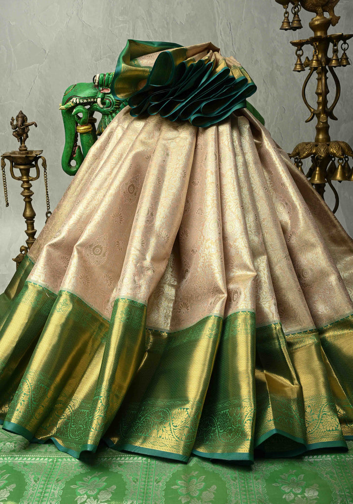 Light Peach Kanjivaram Tissue Semi Silk Saree with Meenakari Floral Brocade Jaal and Contrast Wide Zari Border