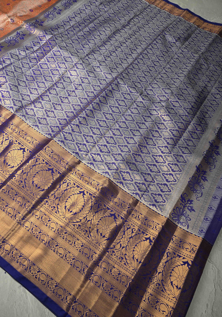 Orange  Kanjivaram Tissue Semi Silk Saree with Meenakari Floral Brocade Jaal and Contrast Wide Zari Border