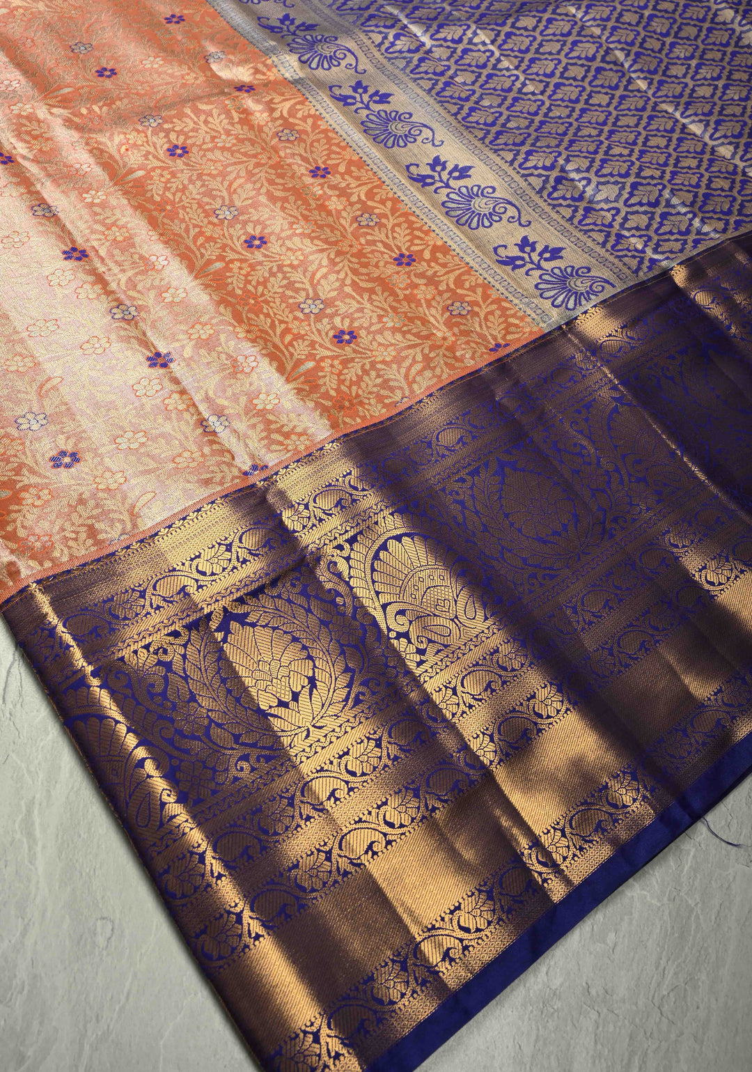 Orange  Kanjivaram Tissue Semi Silk Saree with Meenakari Floral Brocade Jaal and Contrast Wide Zari Border
