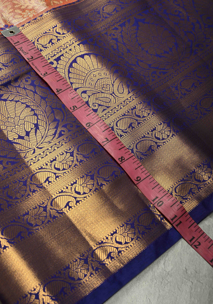 Orange  Kanjivaram Tissue Semi Silk Saree with Meenakari Floral Brocade Jaal and Contrast Wide Zari Border