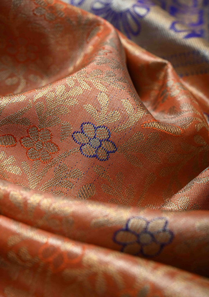 Orange  Kanjivaram Tissue Semi Silk Saree with Meenakari Floral Brocade Jaal and Contrast Wide Zari Border