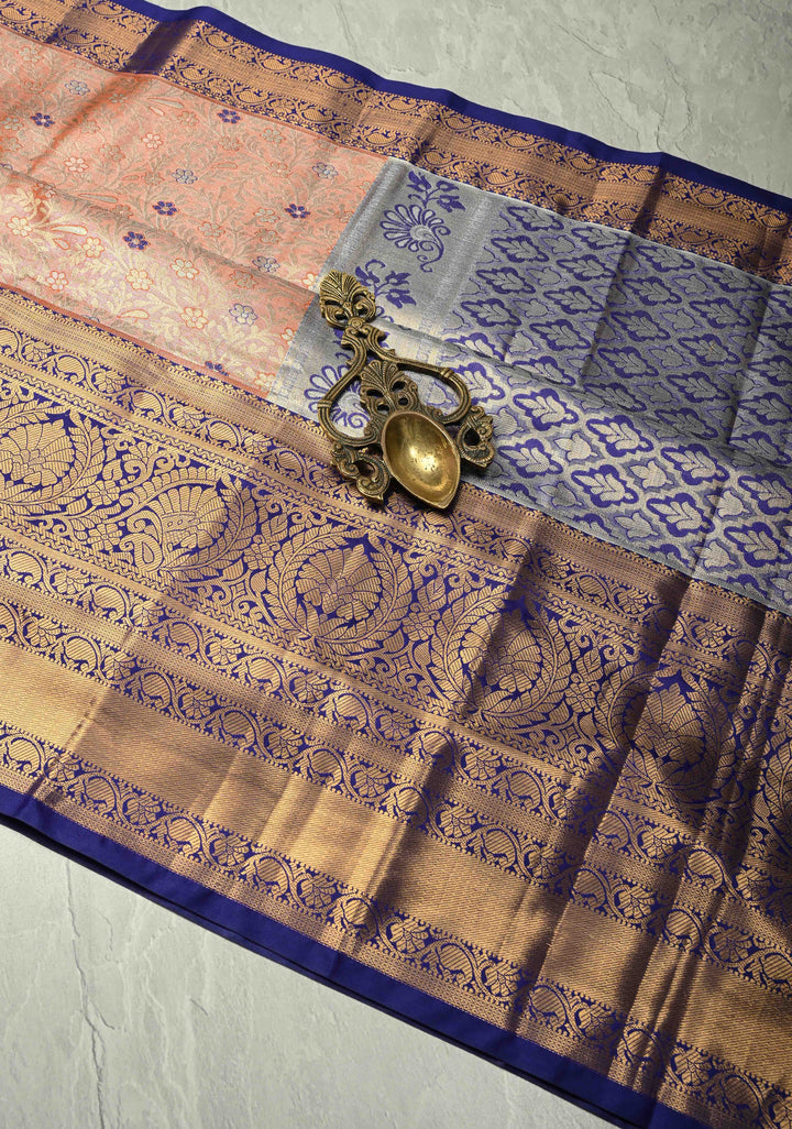 Orange  Kanjivaram Tissue Semi Silk Saree with Meenakari Floral Brocade Jaal and Contrast Wide Zari Border