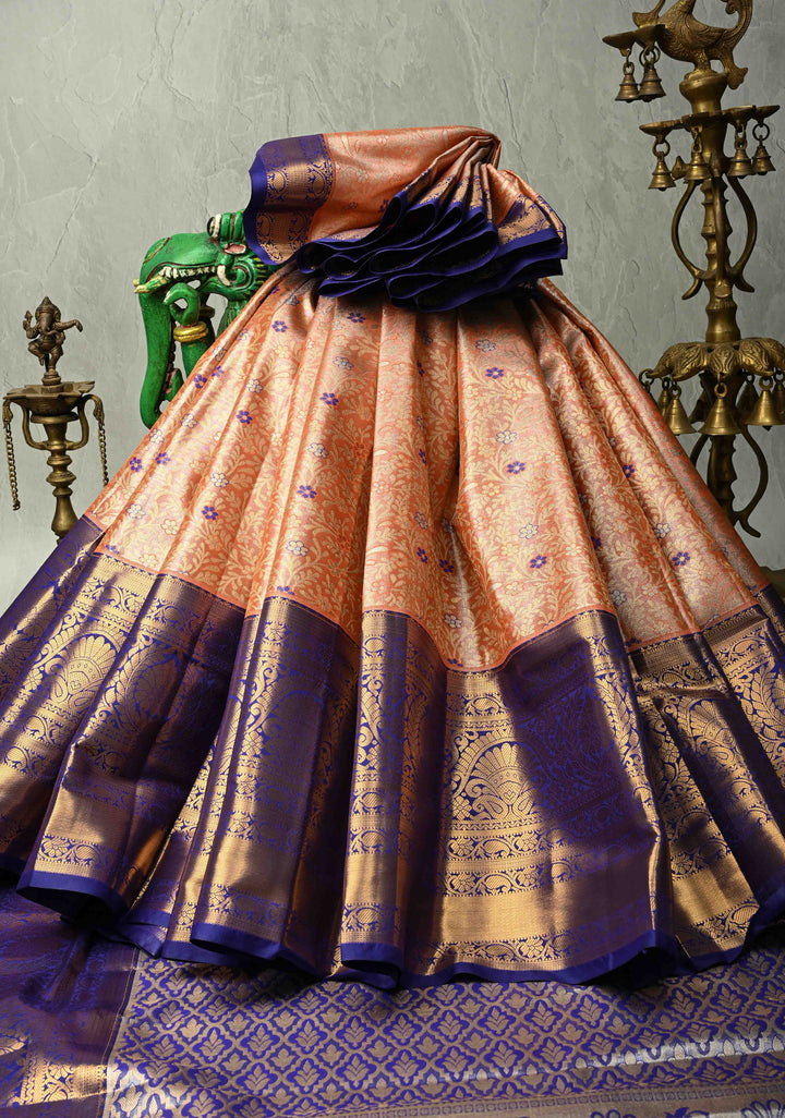 Orange  Kanjivaram Tissue Semi Silk Saree with Meenakari Floral Brocade Jaal and Contrast Wide Zari Border