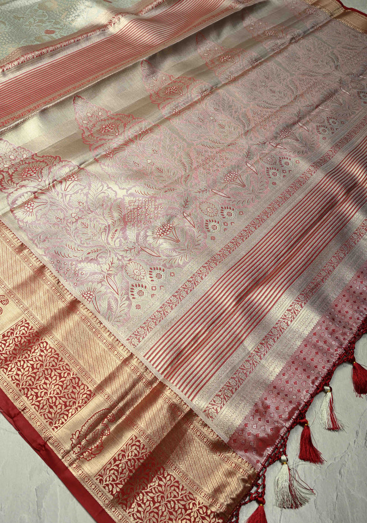 Powder Blue Kanjivaram Tissue Semi Silk Saree with Meenakari Floral Brocade Jaal and Contrast Zari Border