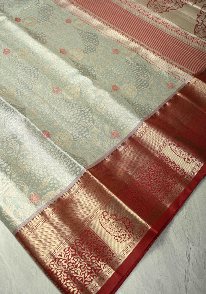 Powder Blue Kanjivaram Tissue Semi Silk Saree with Meenakari Floral Brocade Jaal and Contrast Zari Border