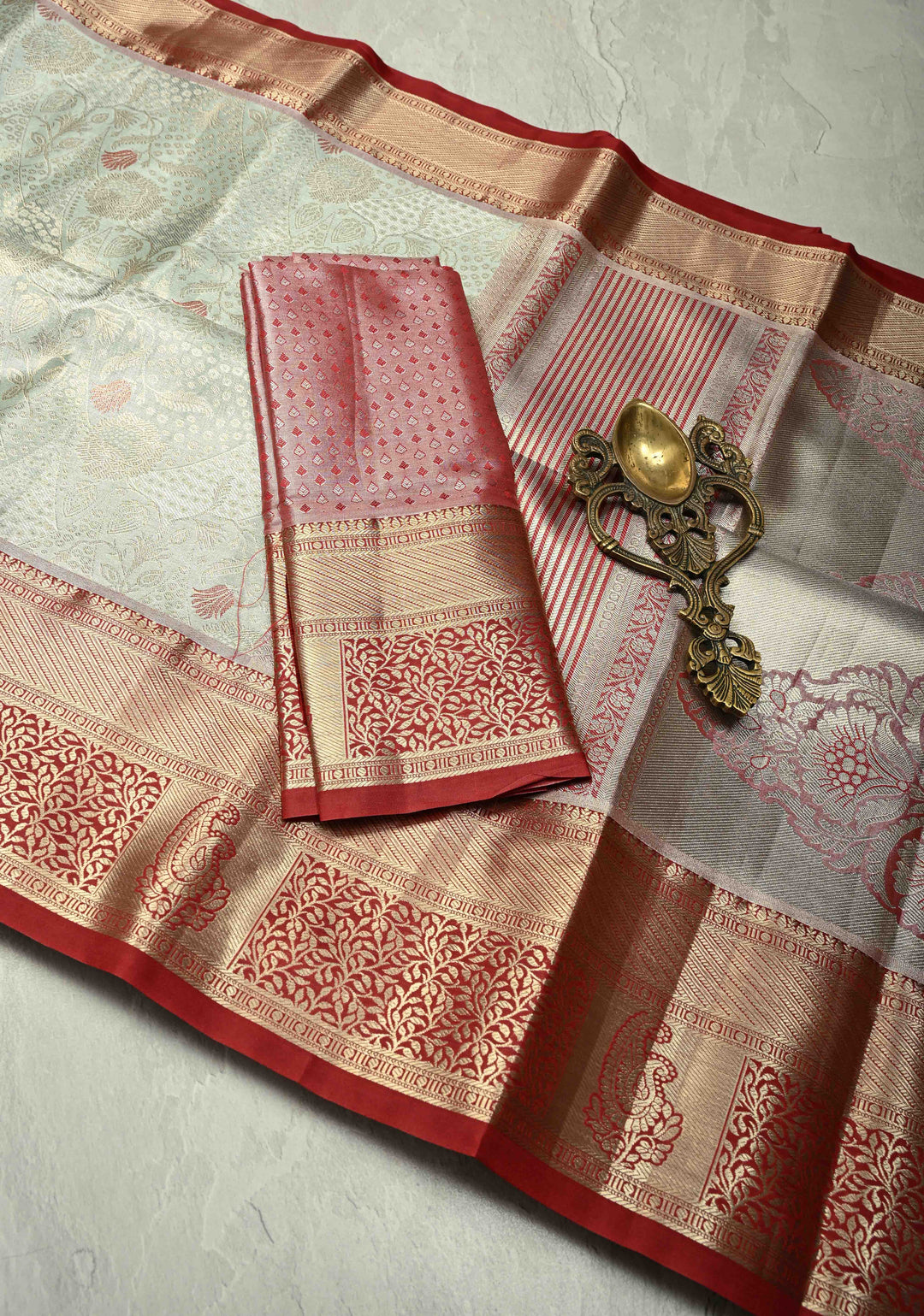 Powder Blue Kanjivaram Tissue Semi Silk Saree with Meenakari Floral Brocade Jaal and Contrast Zari Border