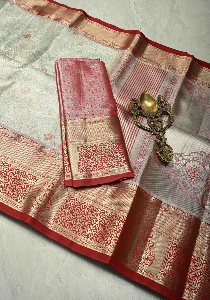Powder Blue Kanjivaram Tissue Semi Silk Saree with Meenakari Floral Brocade Jaal and Contrast Zari Border