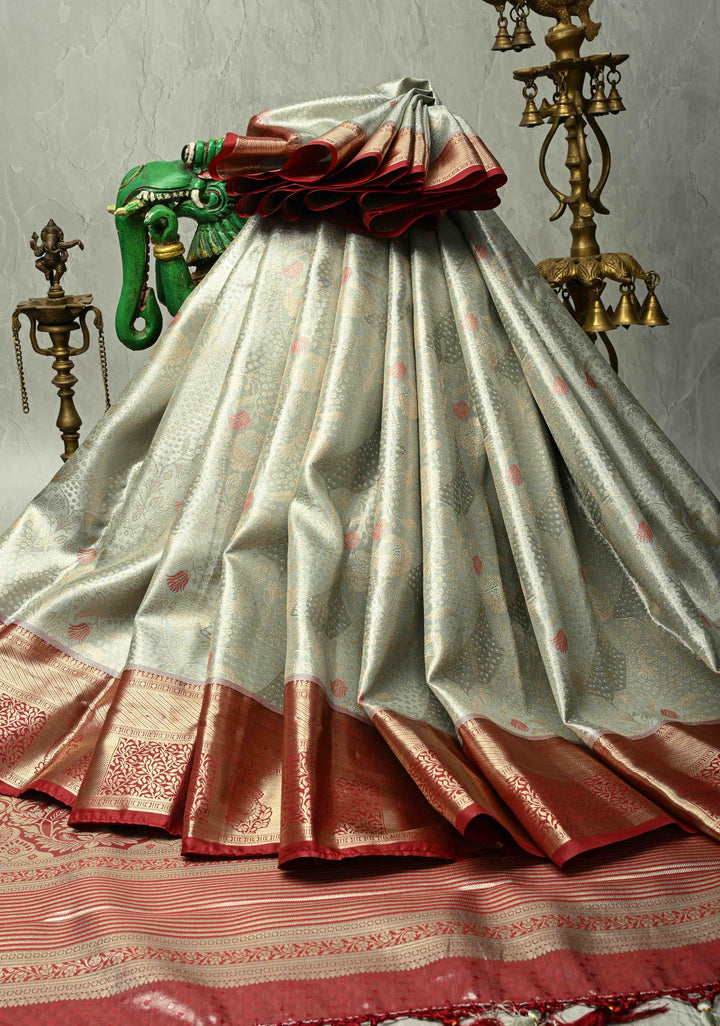 Powder Blue Kanjivaram Tissue Semi Silk Saree with Meenakari Floral Brocade Jaal and Contrast Zari Border