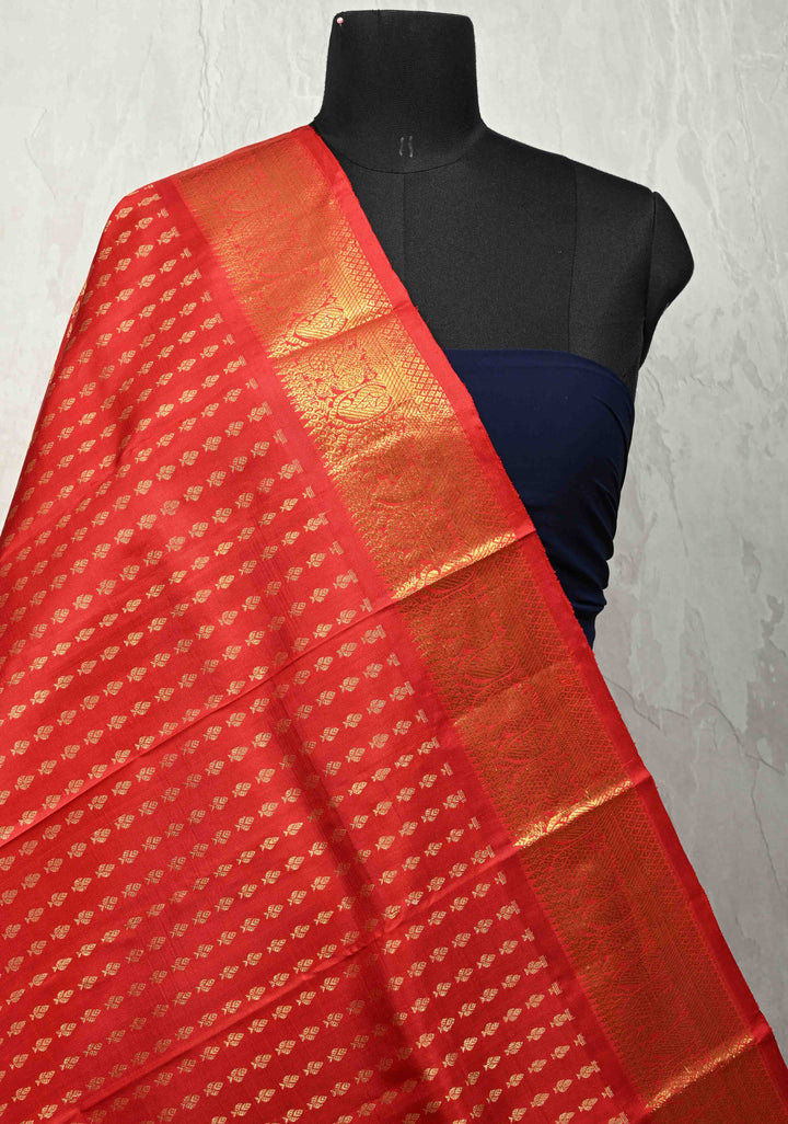 DUPATTA: Pure Kanjivaram Dupatta in Red with Floral Brocade and Zari Borders | SILK MARK CERTIFIED