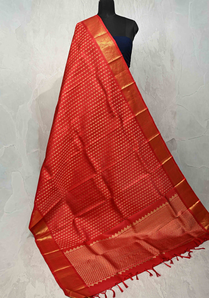 DUPATTA: Pure Kanjivaram Dupatta in Red with Floral Brocade and Zari Borders | SILK MARK CERTIFIED