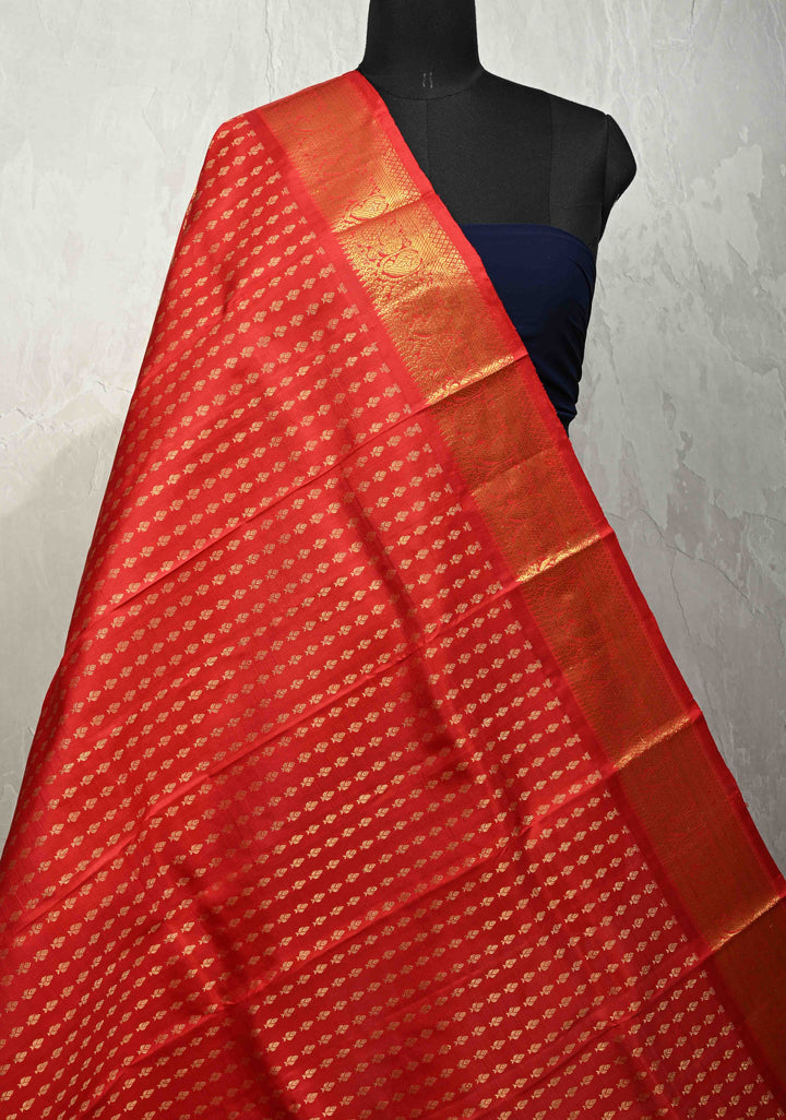 DUPATTA: Pure Kanjivaram Dupatta in Red with Floral Brocade and Zari Borders | SILK MARK CERTIFIED