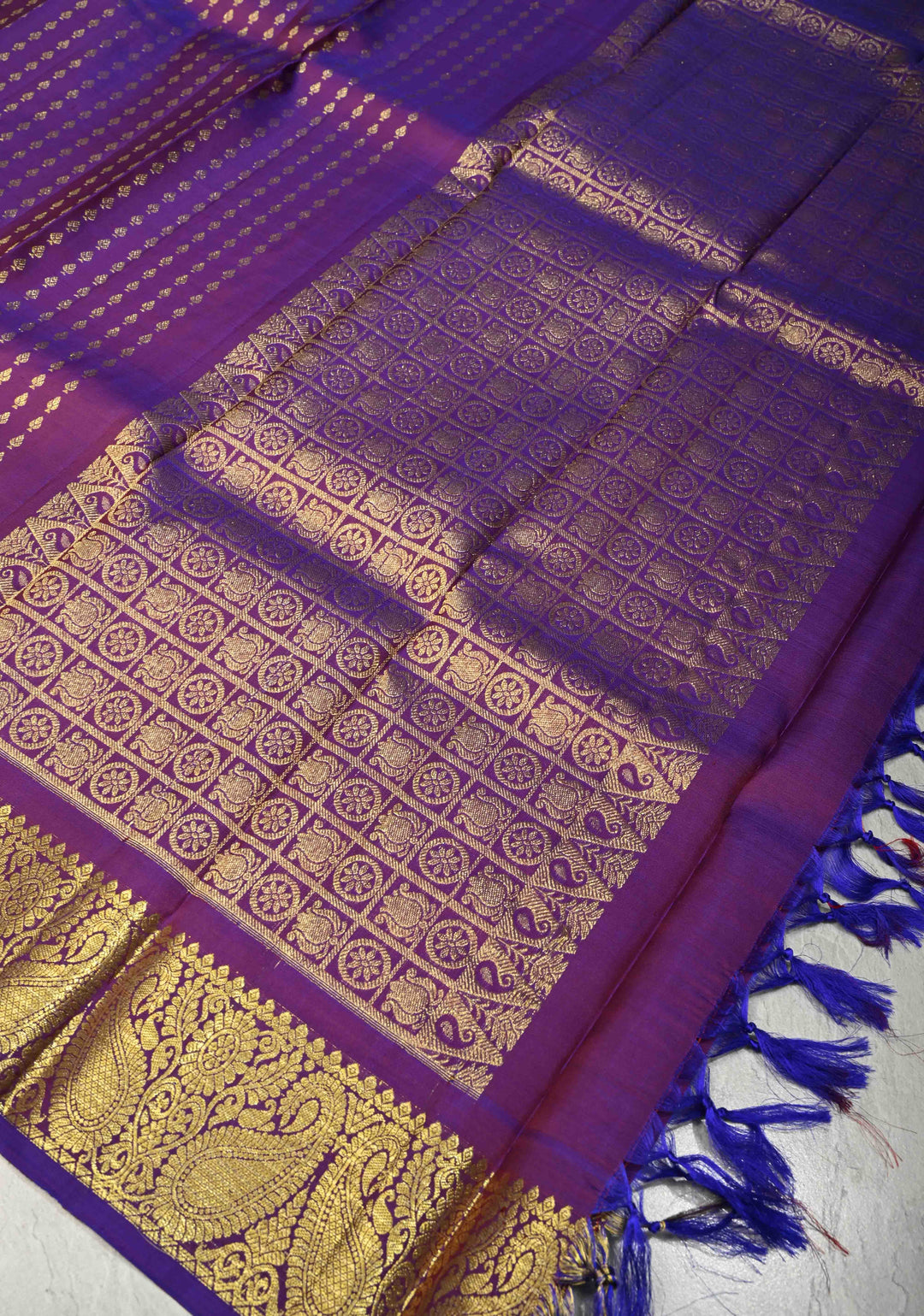 DUPATTA: Pure Kanjivaram Dupatta in Purple Dual tone with Floral Brocade and Zari Borders | SILK MARK CERTIFIED